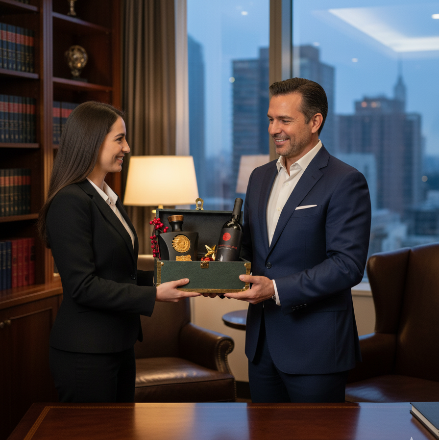 Two professionals in a formal setting with a cityscape view