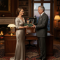 Man and woman exchanging a gift in an elegant room with a fireplace and bookshelves.