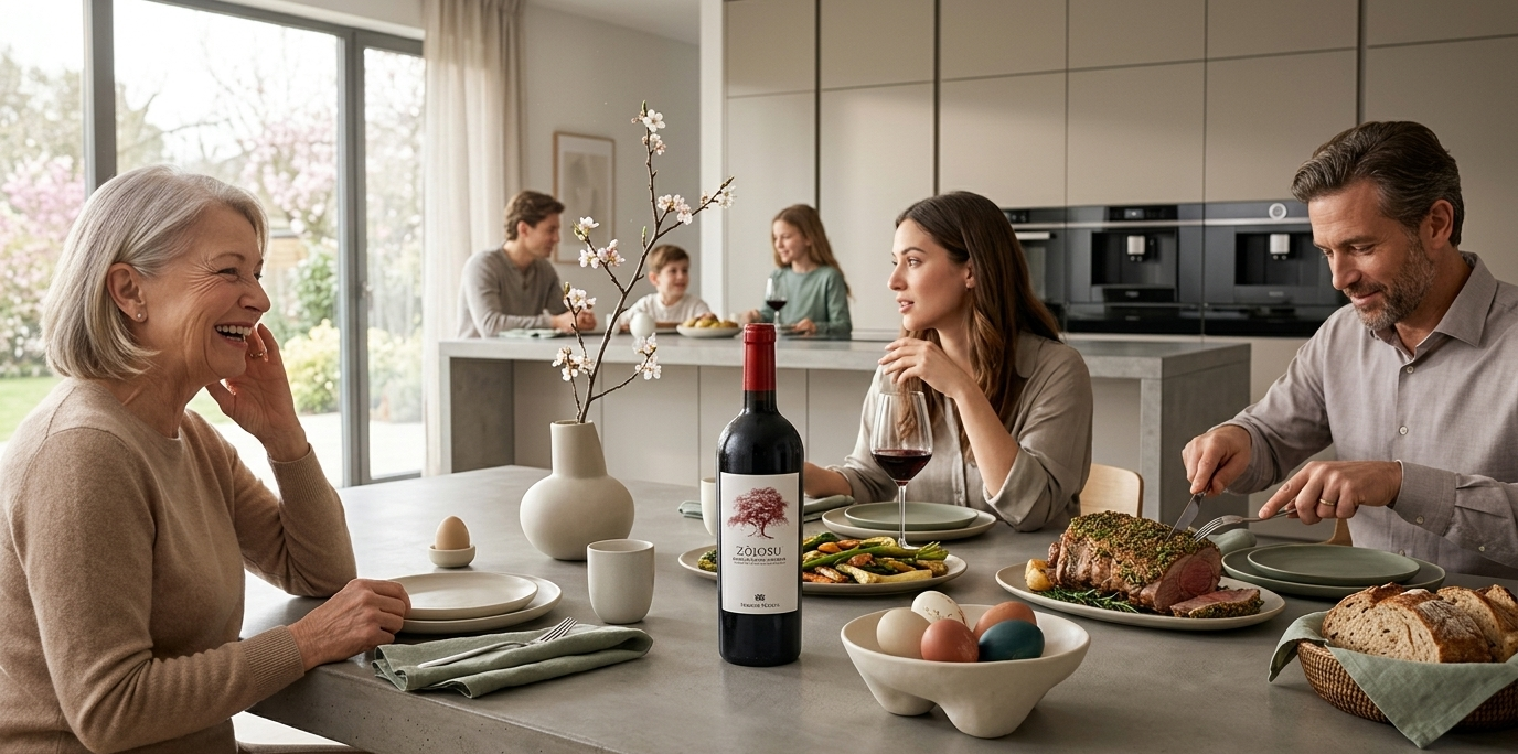 Family enjoying a meal together at a modern kitchen table with wine and food.